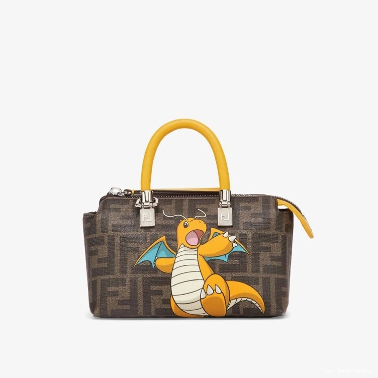 HOT Mini Way Dragon Fabric Pokmon FF By Fendi Boston In Brown The Bag Motif Yellow 0729